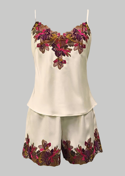 (Preorder) Naomi Silk Camisole & Shorts Pajama Set with Floral Lace Trim