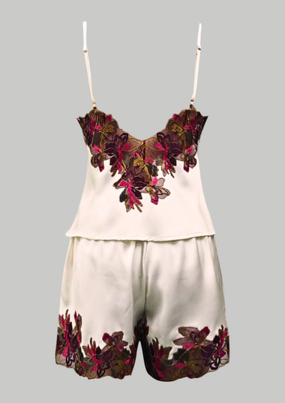 (Preorder) Naomi Silk Camisole & Shorts Pajama Set with Floral Lace Trim