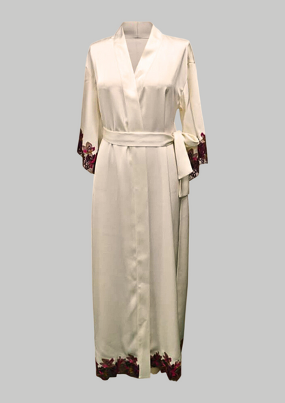 (Preorder) Serica Long Silk Cream Robe with Floral Lace Trim