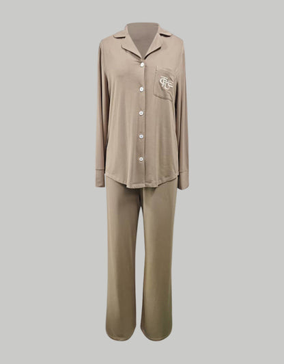 (Preorder) Rene Brown Cotton Long Sleeve & Trouser Pajama Set