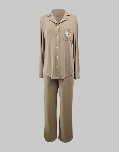 (Preorder) Rene Brown Cotton Long Sleeve & Trouser Pajama Set