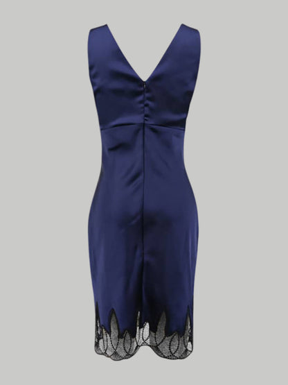 (Preorder) Midnight Hourglass Navy Blue Silk Hourglass Midi Dress with Black Lace