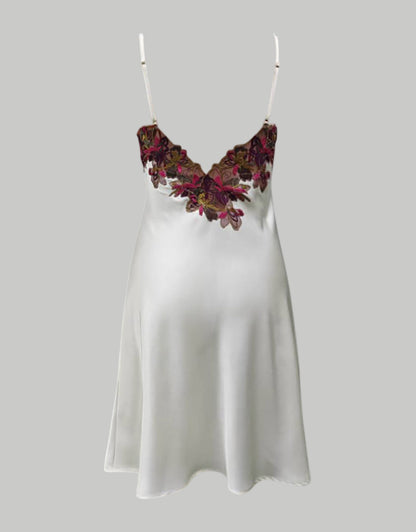 (Preorder) Josephine Cream Silk Slip Dress with Burgundy Floral Lace