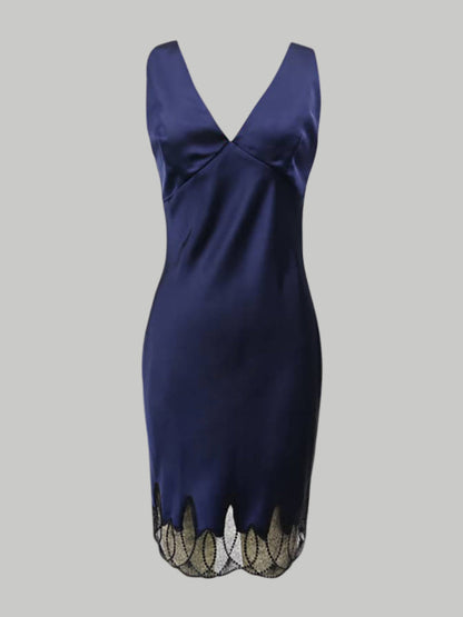 (Preorder) Midnight Hourglass Navy Blue Silk Hourglass Midi Dress with Black Lace