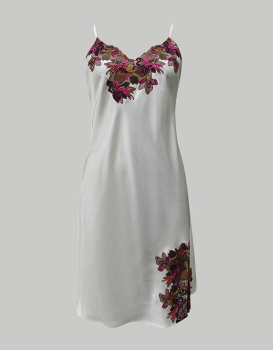 (Preorder) Josephine Cream Silk Slip Dress with Burgundy Floral Lace