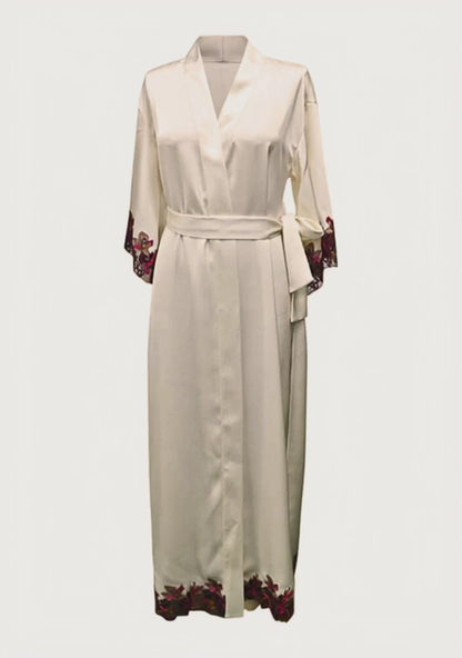 (Preorder) Serica Long Silk Cream Robe with Floral Lace Trim