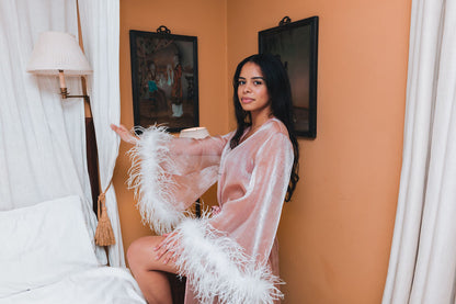 metallic chiffon pink ostrich feather robe with silk lining and robe tie -lingerie -robe-valentine
