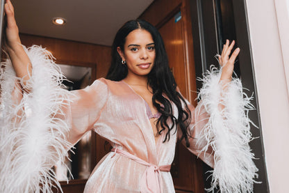metallic chiffon pink ostrich feather robe with silk lining and robe tie -lingerie -robe-valentine