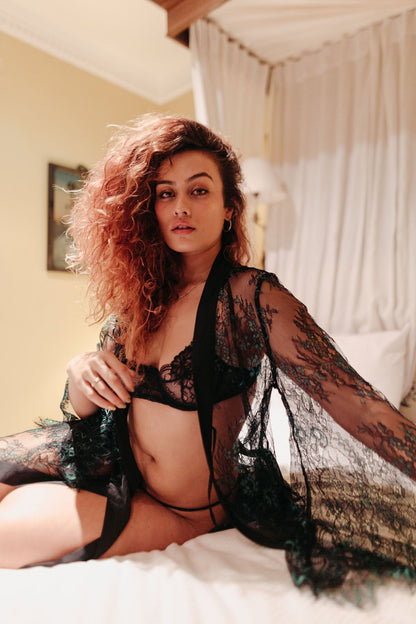 lace black robe robe with emerald green flower patterns - lingerie-robe-black-lace