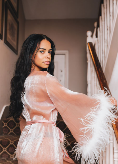 metallic chiffon pink ostrich feather robe with silk lining and robe tie -lingerie -robe-valentine